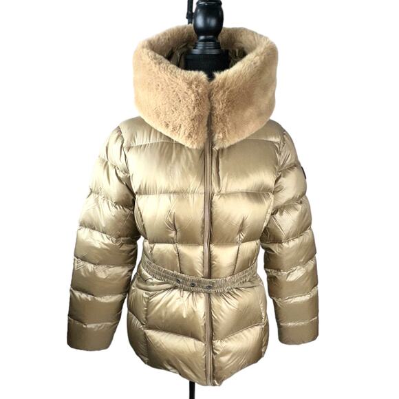 The Recycled Planet faux fur trim hooded downjacket belted brown puffer coat LG - Picture 2 of 11